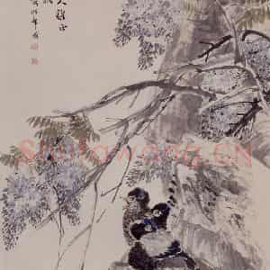 1892年 任伯年《紫藤鸳鸯》国画花鸟写意作品图片鉴赏