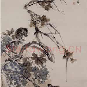 1892年 任伯年《松鼠葡萄》国画花鸟写意作品图片鉴赏