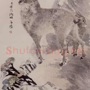 1892年 任伯年《仙山双鹿图》国画花鸟写意作品图片鉴赏