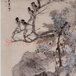 1893年 任伯年《紫藤麻雀》国画花鸟写意作品图片鉴赏