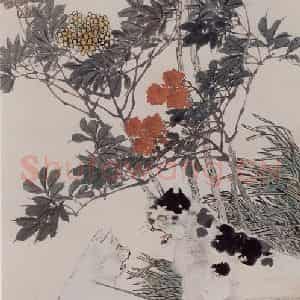 1893年 任伯年《双猫花卉图》国画花鸟写意作品图片鉴赏