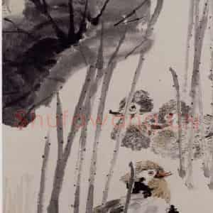 1894年 任伯年《荷花鸳鸯图》国画花鸟写意作品图片鉴赏