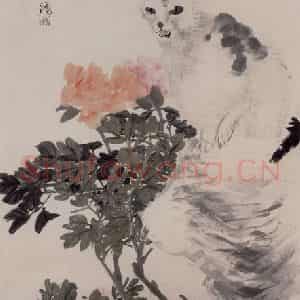 1895年 任伯年《牡丹猫石图》国画花鸟写意作品图片鉴赏