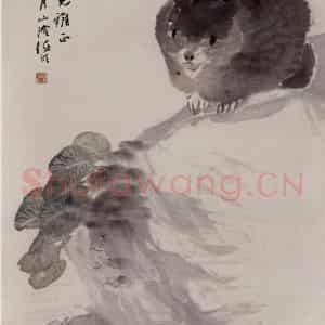 1889年 任伯年《池畔窥鱼图》国画花鸟写意作品图片鉴赏