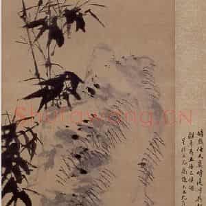 1891年 任伯年《鸡石图》国画花鸟写意作品图片鉴赏