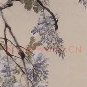 1891年 任伯年《紫藤鸡雏图》国画花鸟写意作品图片鉴赏