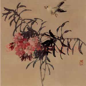50年代 蒋凤白《竹桃小鸟》国画花鸟作品图片鉴赏