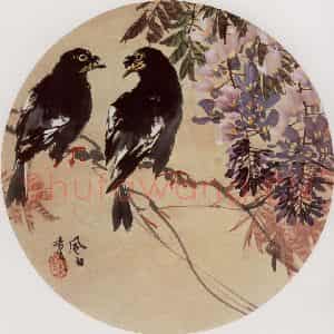 70年代 蒋凤白《紫藤八哥》国画花鸟作品图片鉴赏