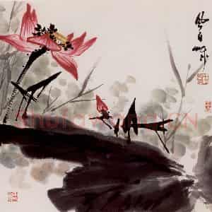 80年代 蒋凤白《映日荷花》国画花鸟作品图片鉴赏