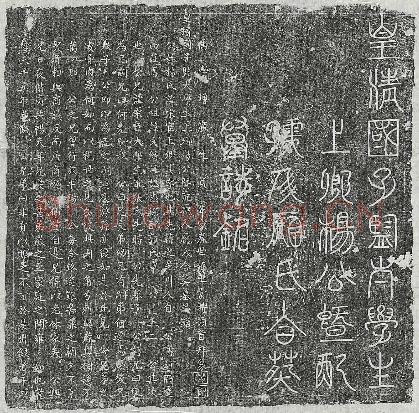 清杨宋宦及妻庞氏墓誌(皇清国子监大学生上卿杨公暨配孺人庞氏合葬墓誌铭)